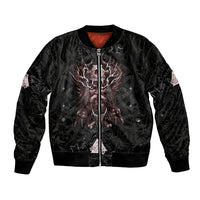 Black unisex bomber jacket with zip front and eagle-runes graphic