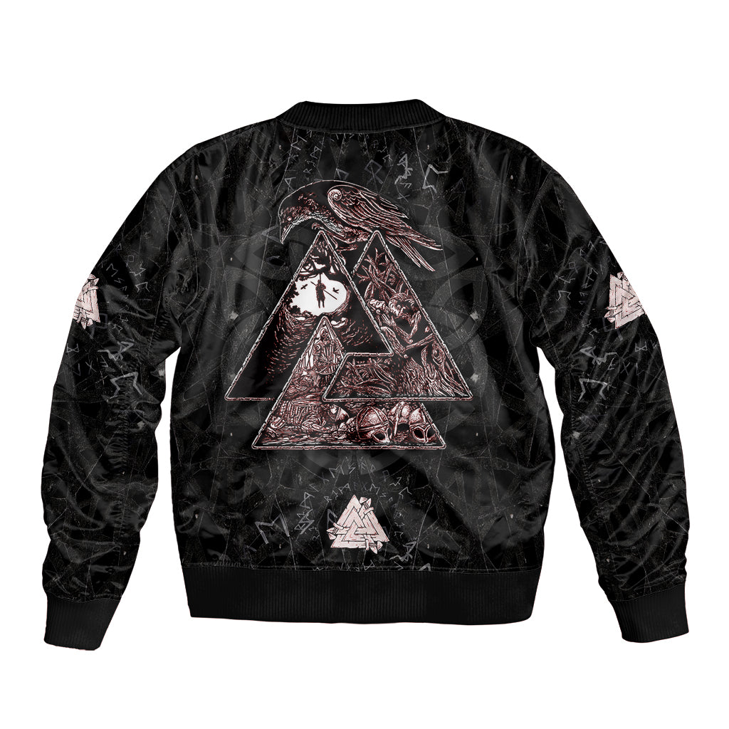Black unisex bomber jacket with back triangle emblem and eagle-runes graphic