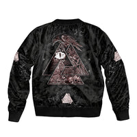 Black unisex bomber jacket with back triangle emblem and eagle-runes graphic