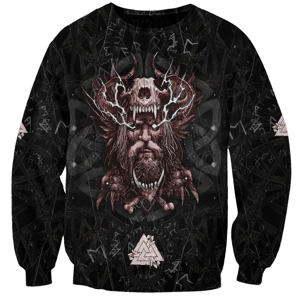 Unisex black sweatshirt with large Odin-style skull graphic on front