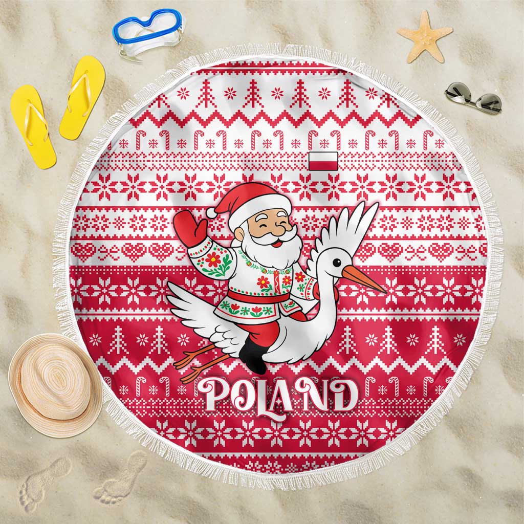 Poland Christmas Beach Blanket with Santa Riding Stork White Eagle Emblem and Red Snowflake Knit Pattern Design - Wonder Print Shop
