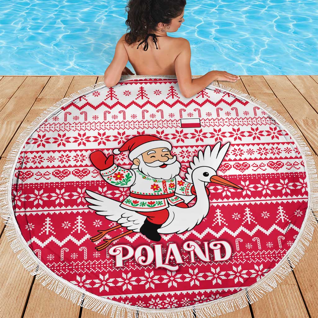 Poland Christmas Beach Blanket with Santa Riding Stork White Eagle Emblem and Red Snowflake Knit Pattern Design - Wonder Print Shop