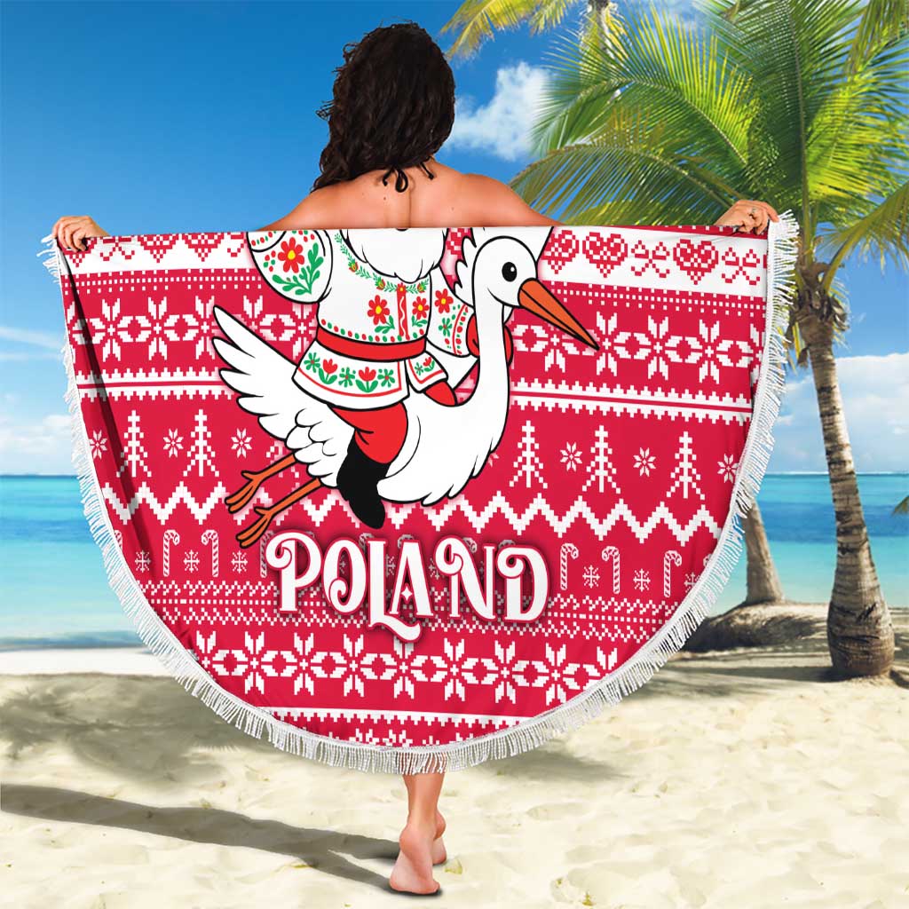 Poland Christmas Beach Blanket with Santa Riding Stork White Eagle Emblem and Red Snowflake Knit Pattern Design - Wonder Print Shop