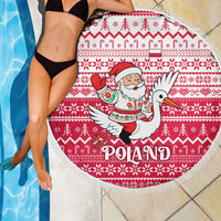 Poland Christmas Beach Blanket with Santa Riding Stork White Eagle Emblem and Red Snowflake Knit Pattern Design - Wonder Print Shop