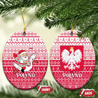 Poland Christmas Ceramic Ornament with Santa Riding Stork White Eagle Emblem and Red Snowflake Knit Pattern Design - Wonder Print Shop