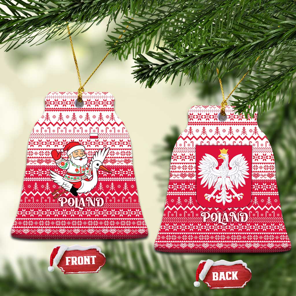 Poland Christmas Ceramic Ornament with Santa Riding Stork White Eagle Emblem and Red Snowflake Knit Pattern Design - Wonder Print Shop