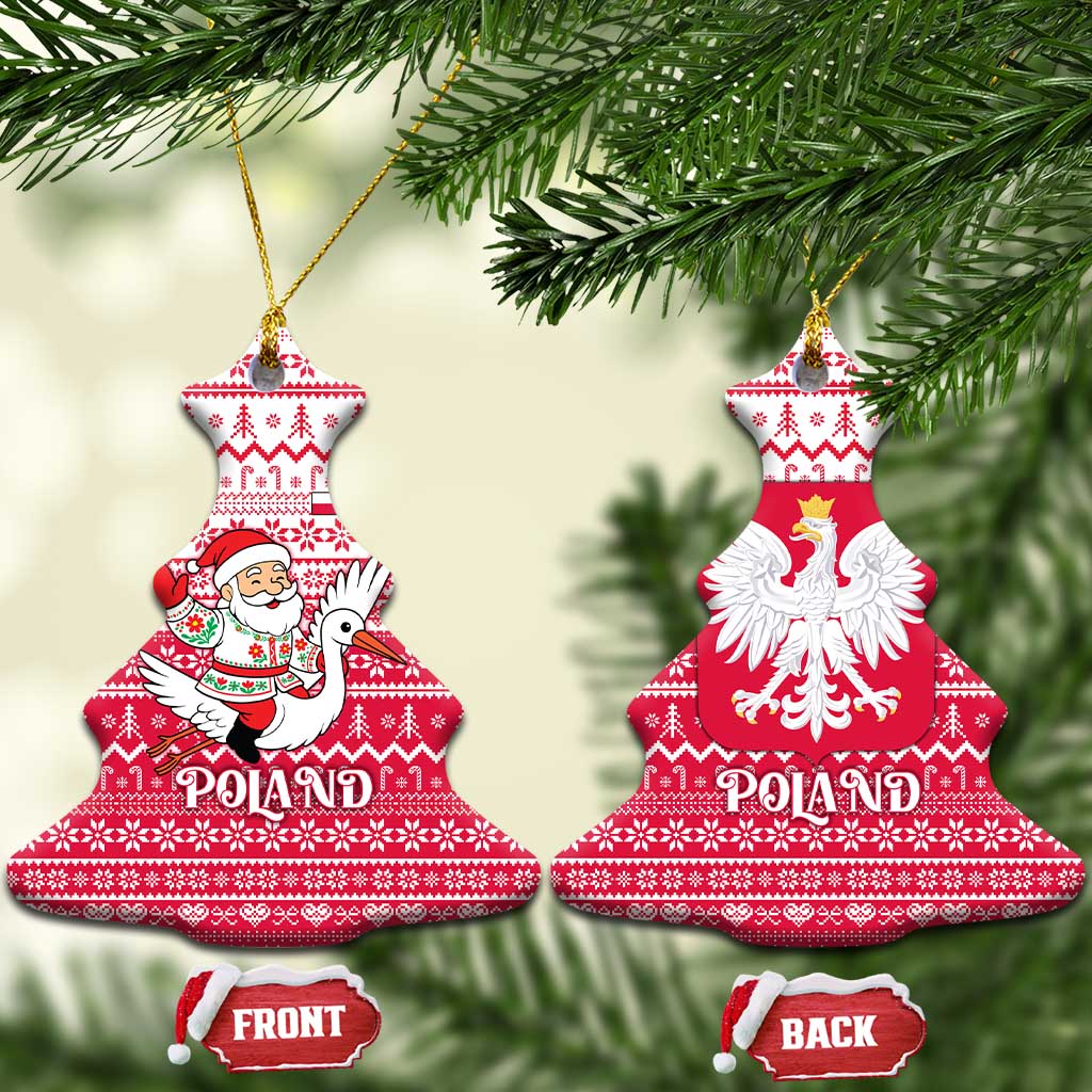 Poland Christmas Ceramic Ornament with Santa Riding Stork White Eagle Emblem and Red Snowflake Knit Pattern Design - Wonder Print Shop