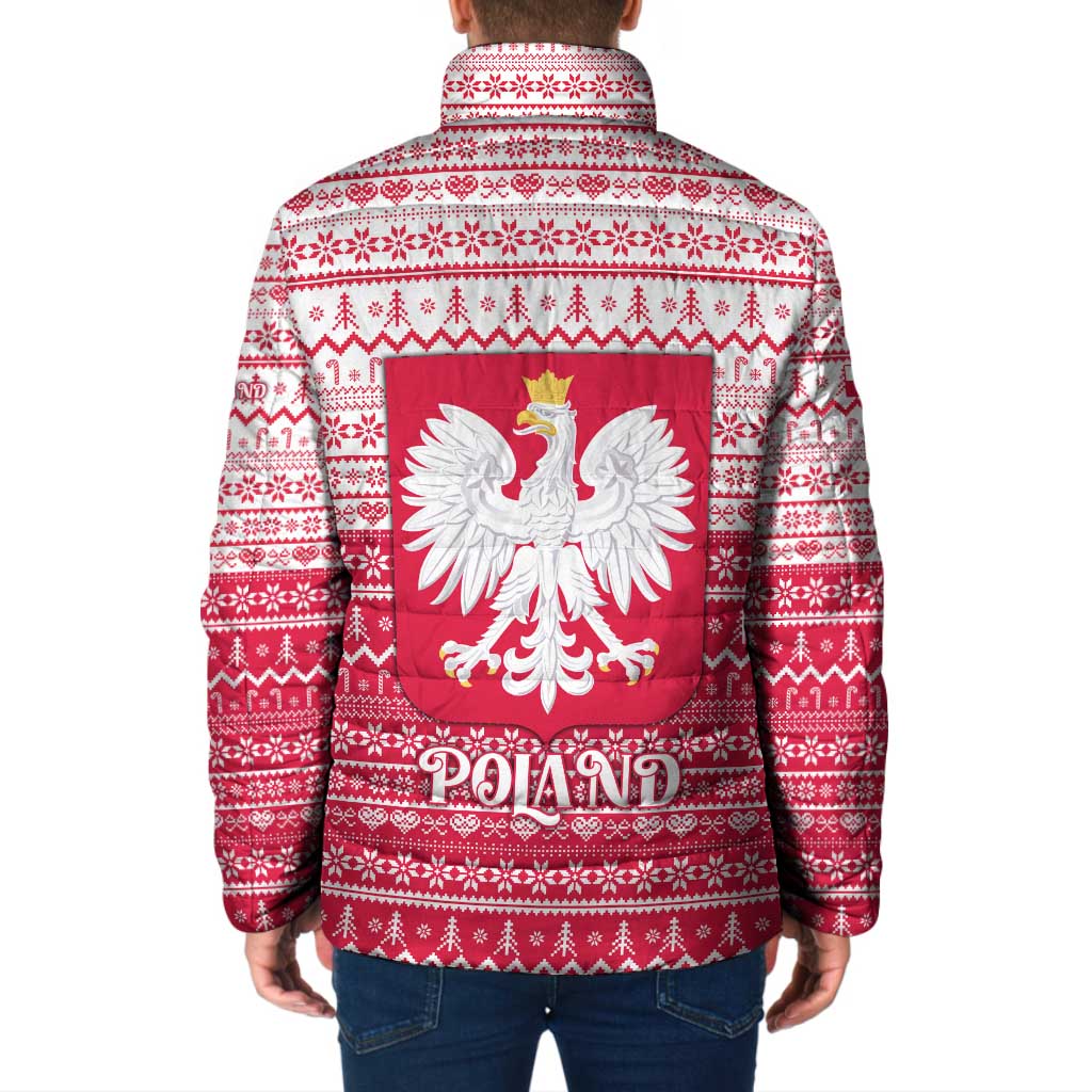 Poland Christmas Padded Jacket with Santa Riding Stork White Eagle Emblem and Red Snowflake Knit Pattern Design - Wonder Print Shop