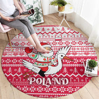 Poland Christmas Round Carpet with Santa Riding Stork White Eagle Emblem and Red Snowflake Knit Pattern Design - Wonder Print Shop