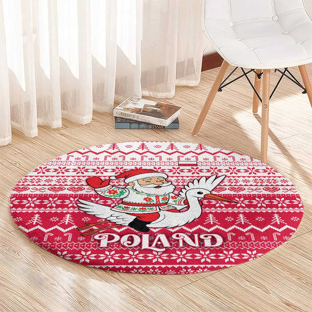 Poland Christmas Round Carpet with Santa Riding Stork White Eagle Emblem and Red Snowflake Knit Pattern Design - Wonder Print Shop