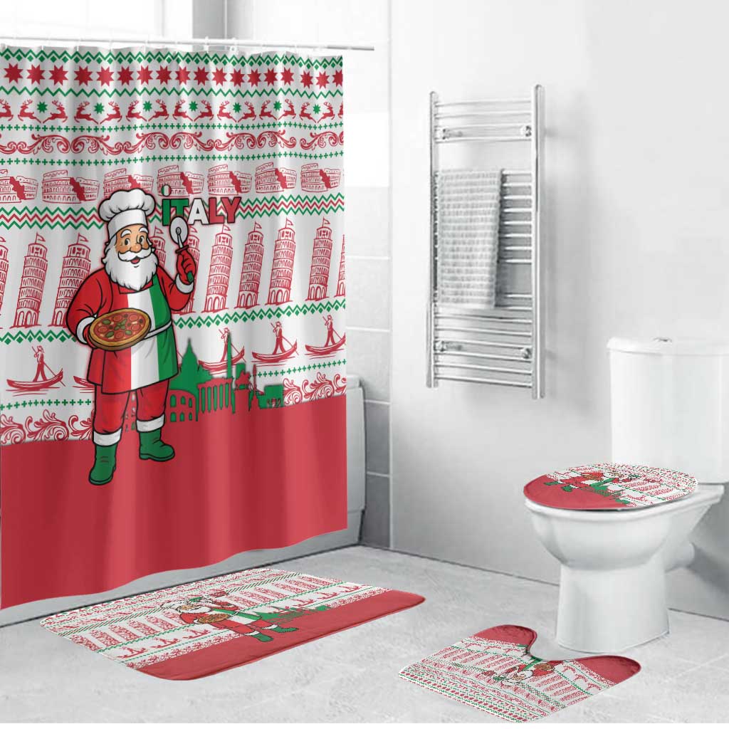 Italy Christmas Bathroom Set with Pizza Chef Santa Leaning Tower Colosseum and Red Green Holiday Pattern Design - Wonder Print Shop