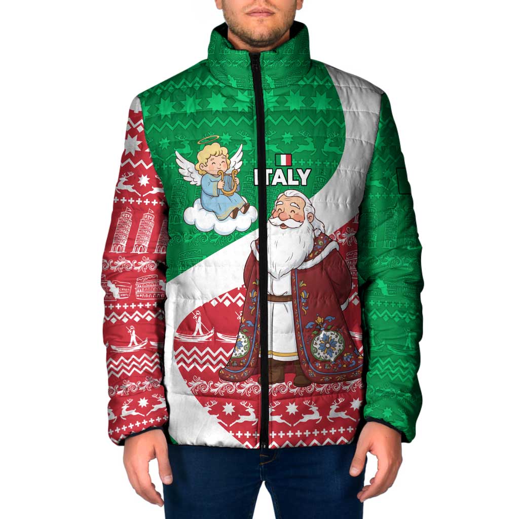Italy Christmas Padded Jacket with Pizza Chef Santa Leaning Tower Colosseum and Red Green Holiday Pattern Design - Wonder Print Shop