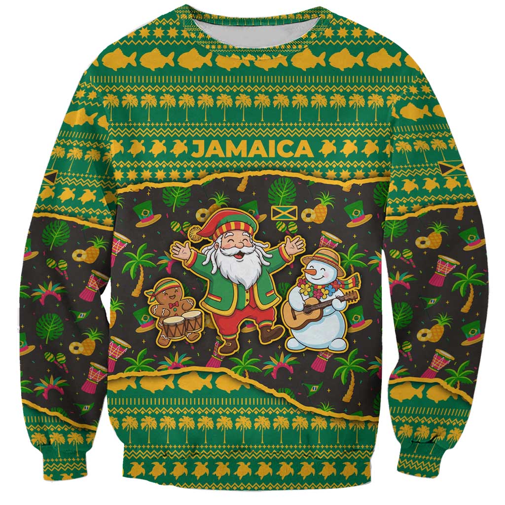 Jamaica Christmas Sweatshirt with Rasta Santa Snowman Gingerbread Drummer Palm Trees and Green Yellow Knit Pattern Design - Wonder Print Shop