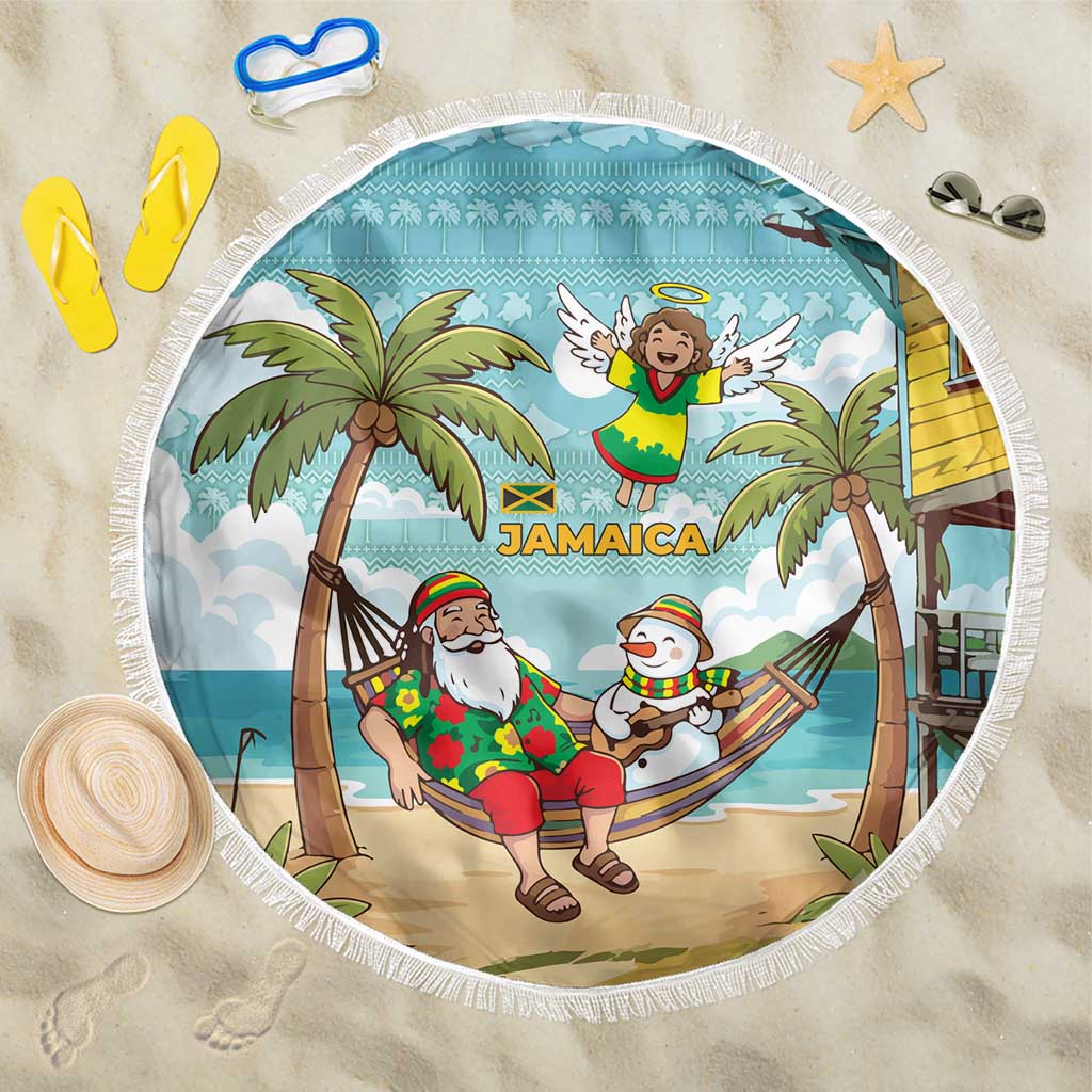 Jamaica Christmas Beach Blanket with Rasta Santa Snowman Hammock Angel Palm Trees and Tropical Beach Design - Wonder Print Shop