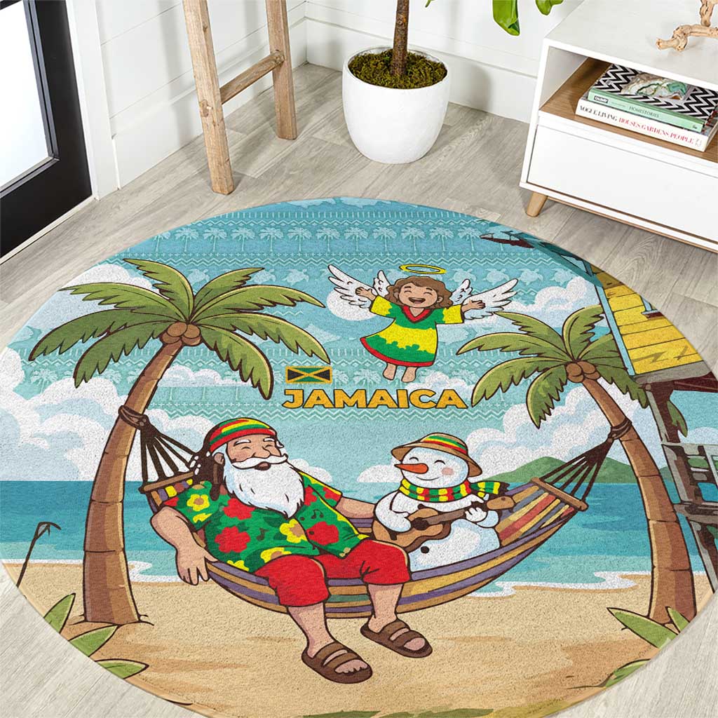 Jamaica Christmas Round Carpet with Rasta Santa Snowman Hammock Angel Palm Trees and Tropical Beach Design - Wonder Print Shop