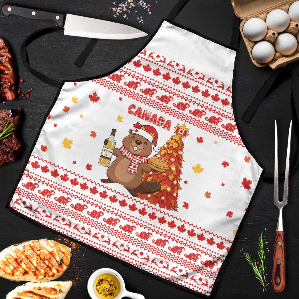 Canada Christmas Apron with Beaver Maple Tree Ice Wine Pie and Red White Knit Pattern Design - Wonder Print Shop