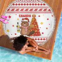 Canada Christmas Beach Blanket with Beaver Maple Tree Ice Wine Pie and Red White Knit Pattern Design - Wonder Print Shop