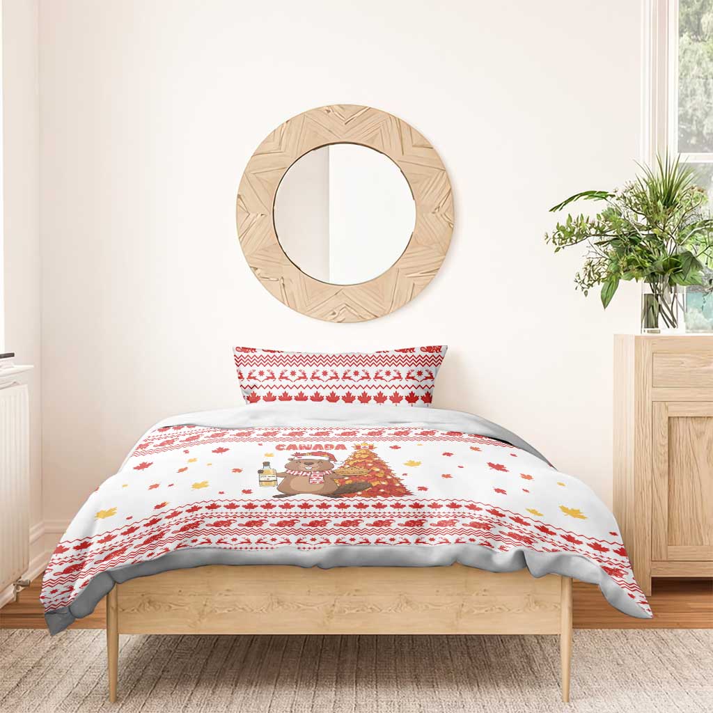 Canada Christmas Bedding Set with Beaver Maple Tree Ice Wine Pie and Red White Knit Pattern Design - Wonder Print Shop