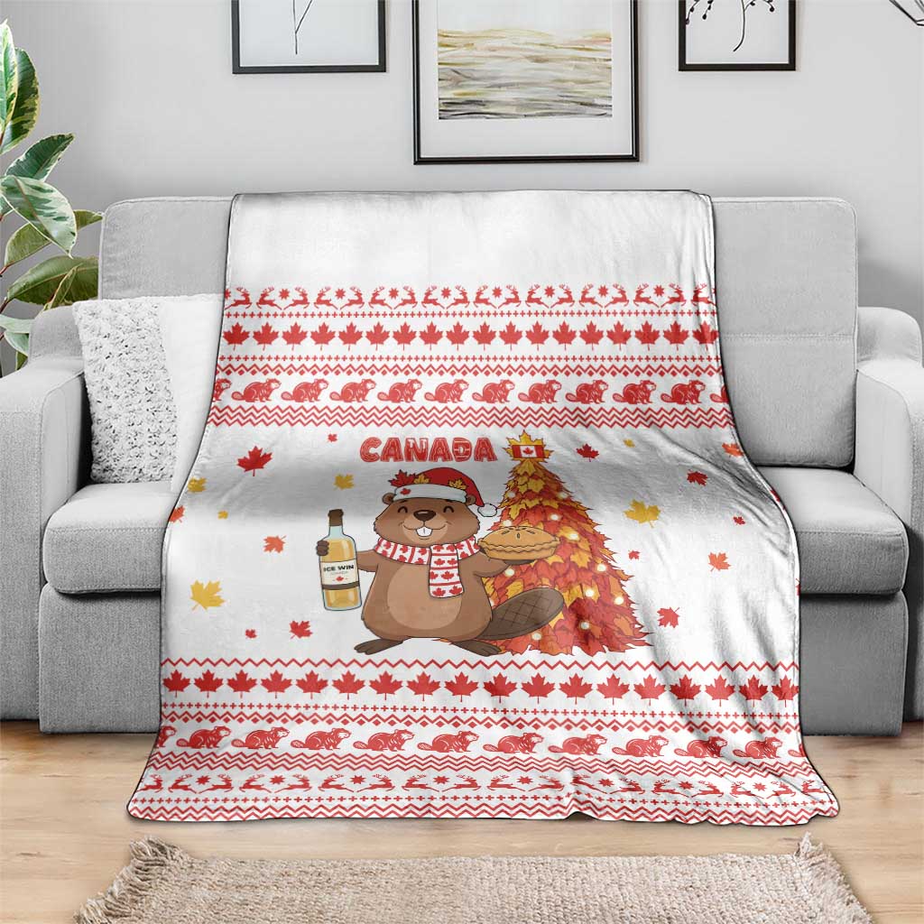Canada Christmas Blanket with Beaver Maple Tree Ice Wine Pie and Red White Knit Pattern Design - Wonder Print Shop
