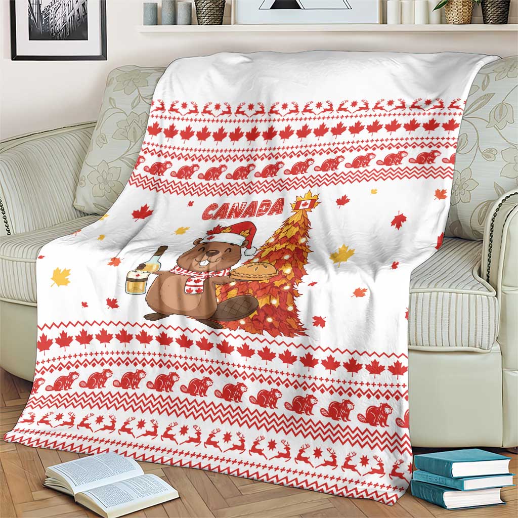 Canada Christmas Blanket with Beaver Maple Tree Ice Wine Pie and Red White Knit Pattern Design - Wonder Print Shop