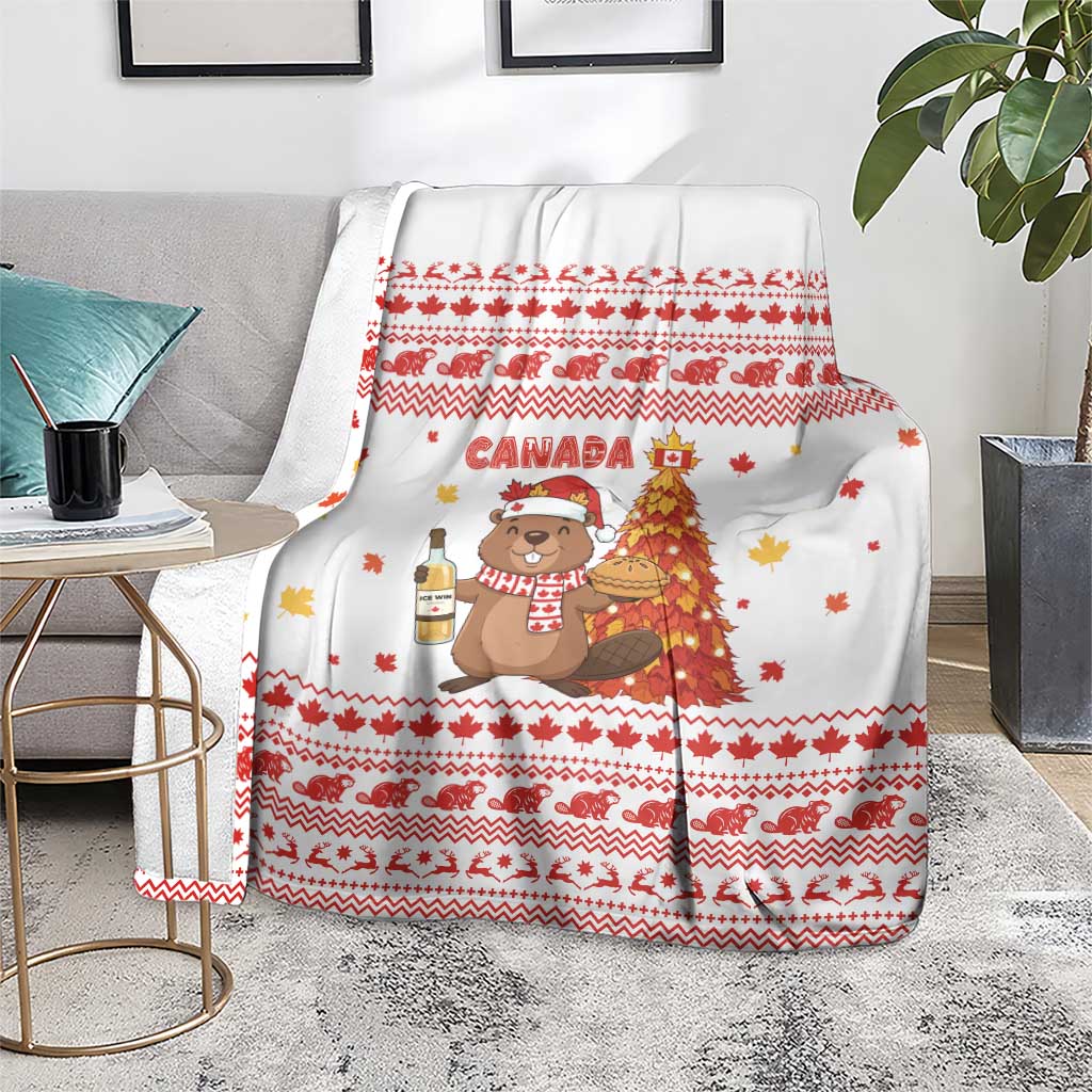 Canada Christmas Blanket with Beaver Maple Tree Ice Wine Pie and Red White Knit Pattern Design - Wonder Print Shop