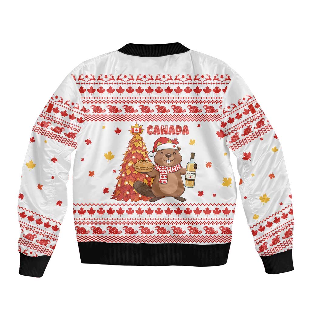 Canada Christmas Bomber Jacket with Beaver Maple Tree Ice Wine Pie and Red White Knit Pattern Design - Wonder Print Shop