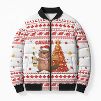 Canada Christmas Bomber Puffer Jacket with Beaver Maple Tree Ice Wine Pie and Red White Knit Pattern Design - Wonder Print Shop