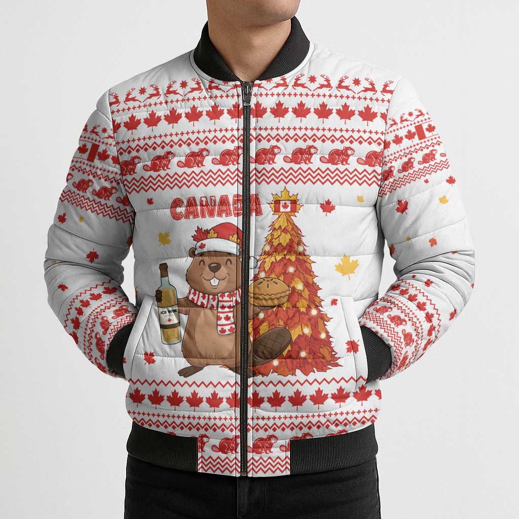 Canada Christmas Bomber Puffer Jacket with Beaver Maple Tree Ice Wine Pie and Red White Knit Pattern Design - Wonder Print Shop