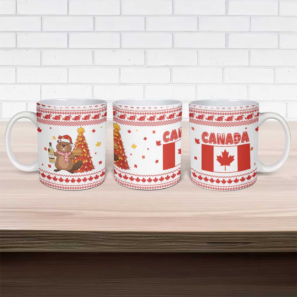Canada Christmas Ceramic Mug with Beaver Maple Tree Ice Wine Pie and Red White Knit Pattern Design - Wonder Print Shop