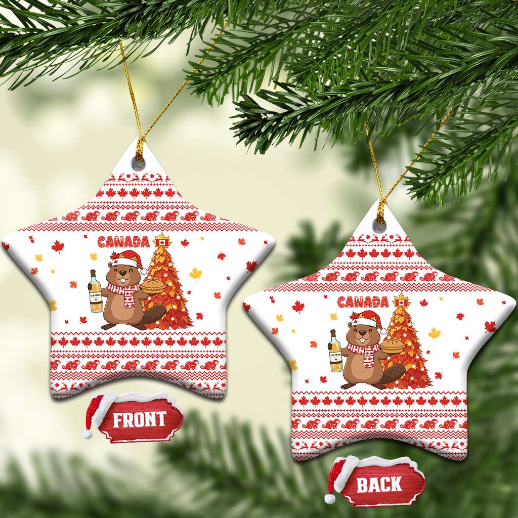 Canada Christmas Ceramic Ornament with Beaver Maple Tree Ice Wine Pie and Red White Knit Pattern Design - Wonder Print Shop