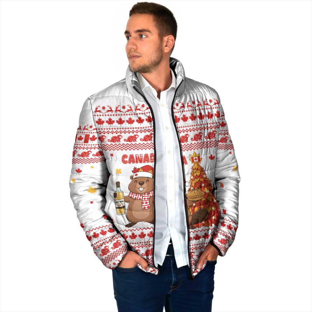 Canada Christmas Padded Jacket with Beaver Maple Tree Ice Wine Pie and Red White Knit Pattern Design - Wonder Print Shop