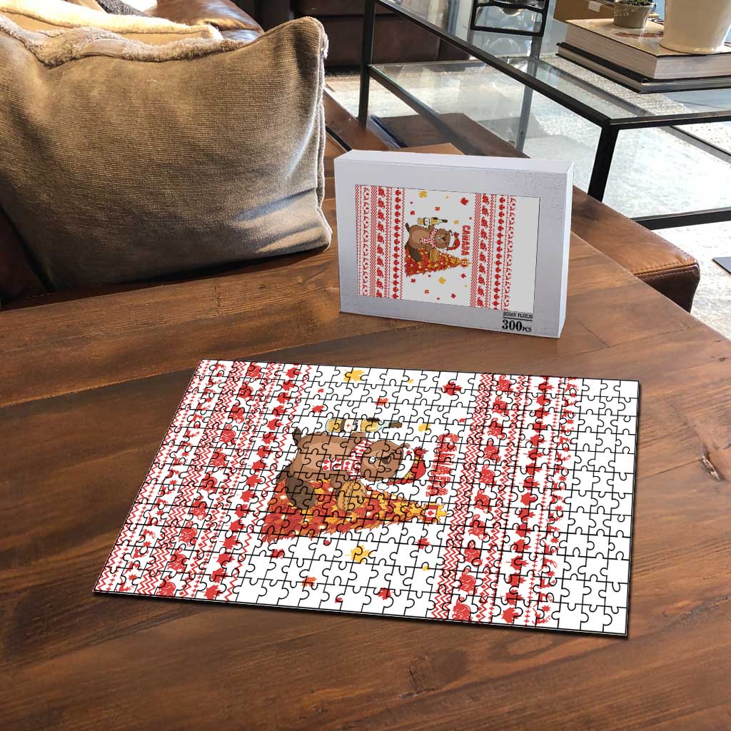 Canada Christmas Puzzle with Beaver Maple Tree Ice Wine Pie and Red White Knit Pattern Design - Wonder Print Shop