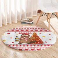 Canada Christmas Round Carpet with Beaver Maple Tree Ice Wine Pie and Red White Knit Pattern Design - Wonder Print Shop