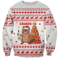 Canada Christmas Sweatshirt with Beaver Maple Tree Ice Wine Pie and Red White Knit Pattern Design - Wonder Print Shop