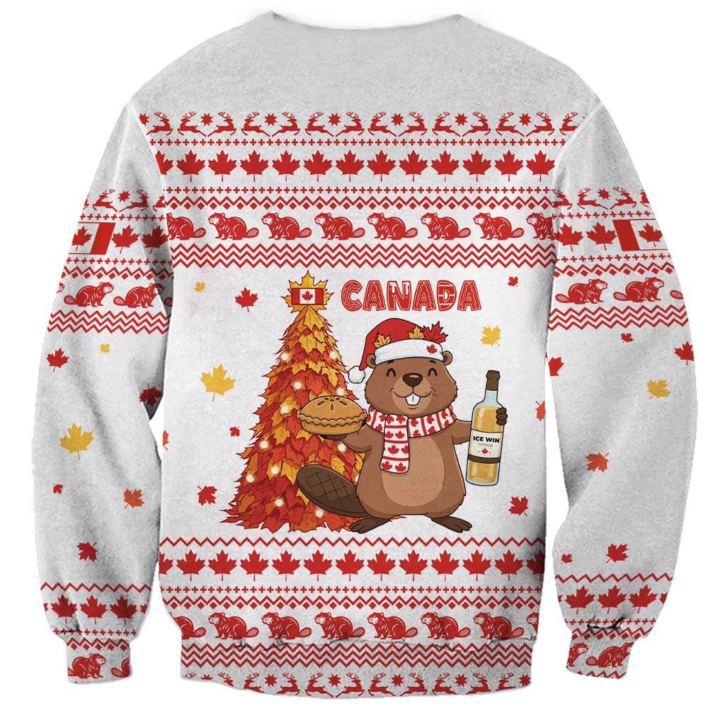 Canada Christmas Sweatshirt with Beaver Maple Tree Ice Wine Pie and Red White Knit Pattern Design - Wonder Print Shop
