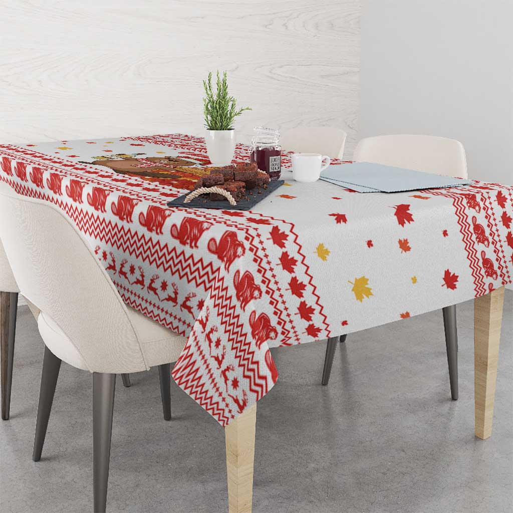 Canada Christmas Tablecloth with Beaver Maple Tree Ice Wine Pie and Red White Knit Pattern Design - Wonder Print Shop