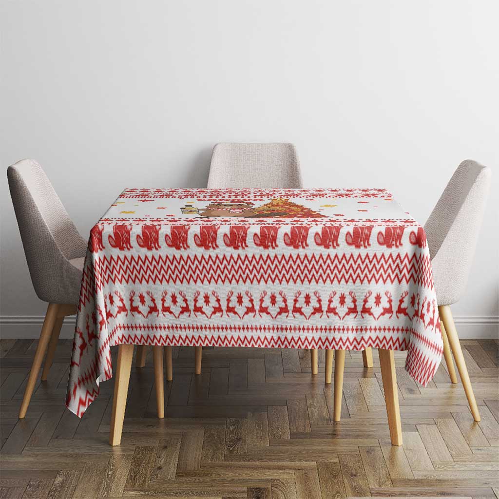 Canada Christmas Tablecloth with Beaver Maple Tree Ice Wine Pie and Red White Knit Pattern Design - Wonder Print Shop