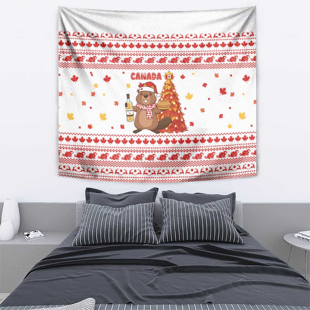 Canada Christmas Tapestry with Beaver Maple Tree Ice Wine Pie and Red White Knit Pattern Design - Wonder Print Shop