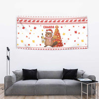 Canada Christmas Tapestry with Beaver Maple Tree Ice Wine Pie and Red White Knit Pattern Design - Wonder Print Shop