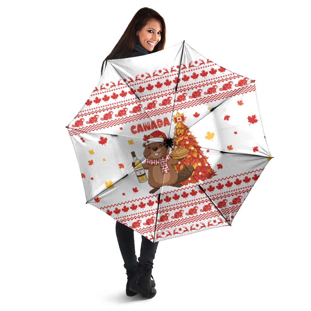 Canada Christmas Umbrella with Beaver Maple Tree Ice Wine Pie and Red White Knit Pattern Design - Wonder Print Shop