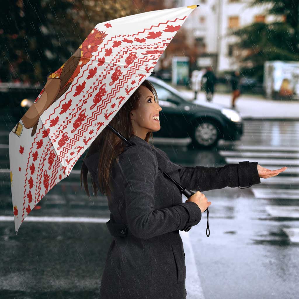 Canada Christmas Umbrella with Beaver Maple Tree Ice Wine Pie and Red White Knit Pattern Design - Wonder Print Shop