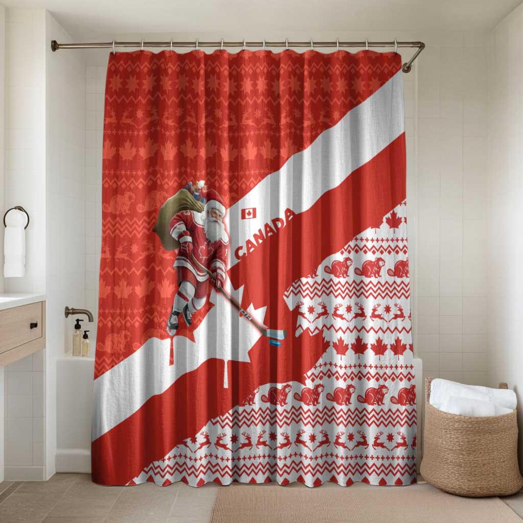 Canada Christmas Bathroom Set with Santa Playing Hockey Maple Leaf Flag and Red White Knit Pattern Design - Wonder Print Shop