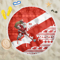 Canada Christmas Beach Blanket with Santa Playing Hockey Maple Leaf Flag and Red White Knit Pattern Design - Wonder Print Shop