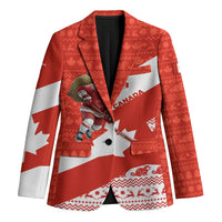 Canada Christmas Blazer with Santa Playing Hockey Maple Leaf Flag and Red White Knit Pattern Design - Wonder Print Shop