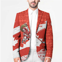 Canada Christmas Blazer with Santa Playing Hockey Maple Leaf Flag and Red White Knit Pattern Design - Wonder Print Shop