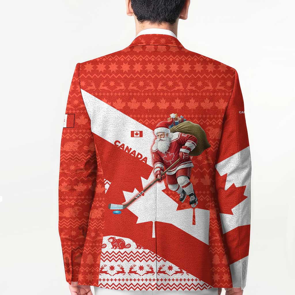 Canada Christmas Blazer with Santa Playing Hockey Maple Leaf Flag and Red White Knit Pattern Design - Wonder Print Shop