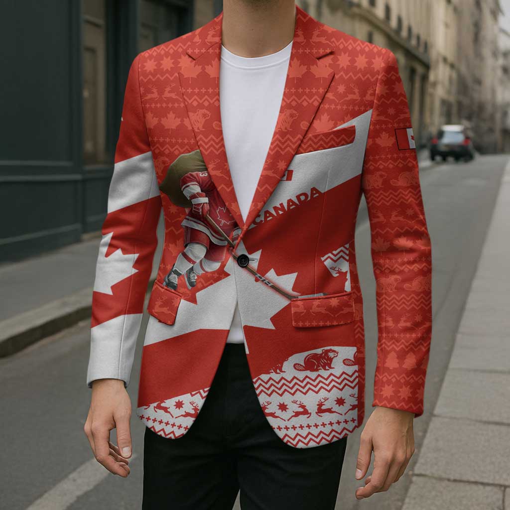 Canada Christmas Blazer with Santa Playing Hockey Maple Leaf Flag and Red White Knit Pattern Design - Wonder Print Shop