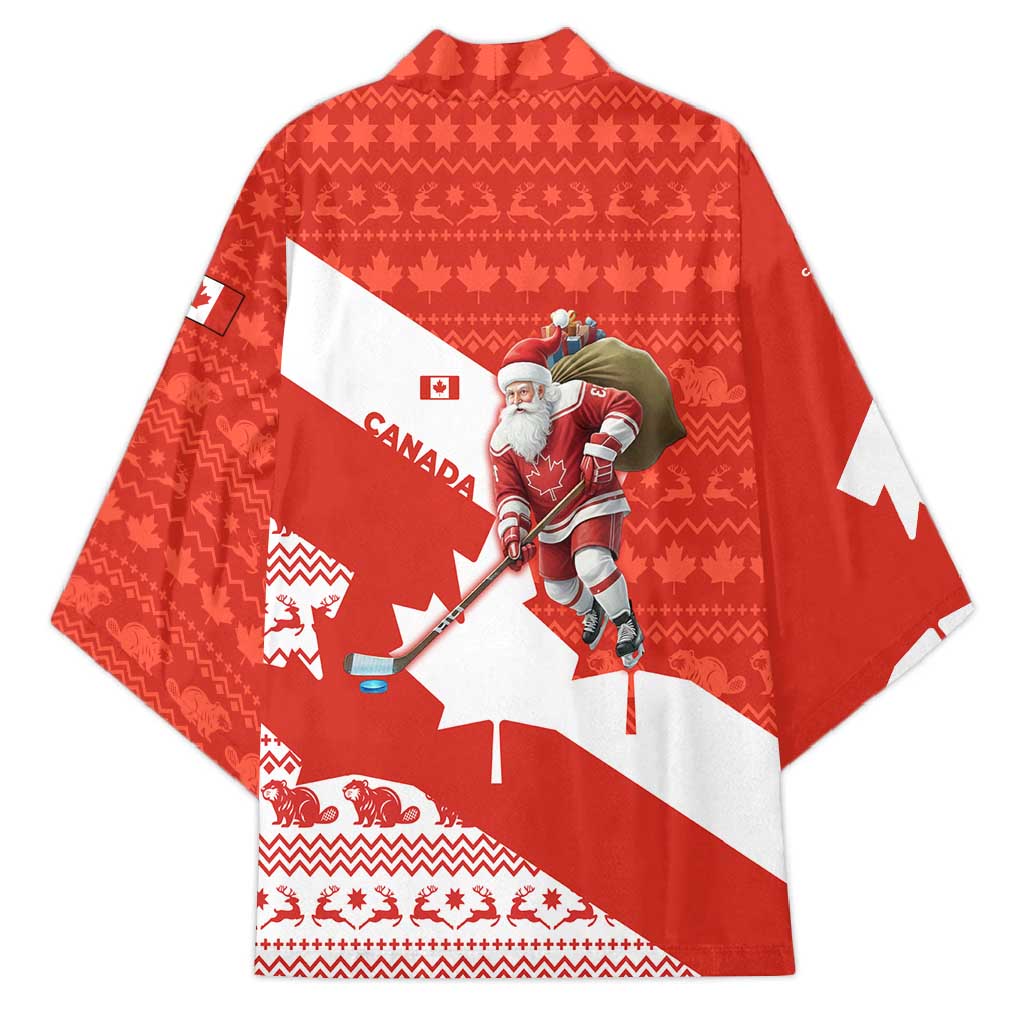 Canada Christmas Kimono with Santa Playing Hockey Maple Leaf Flag and Red White Knit Pattern Design - Wonder Print Shop