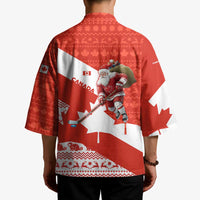Canada Christmas Kimono with Santa Playing Hockey Maple Leaf Flag and Red White Knit Pattern Design - Wonder Print Shop