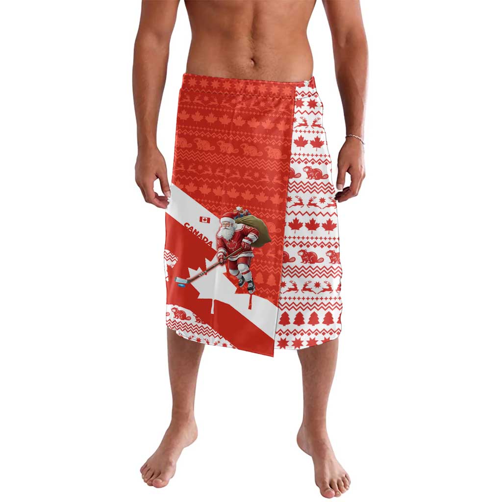 Canada Christmas Lavalava with Santa Playing Hockey Maple Leaf Flag and Red White Knit Pattern Design - Wonder Print Shop